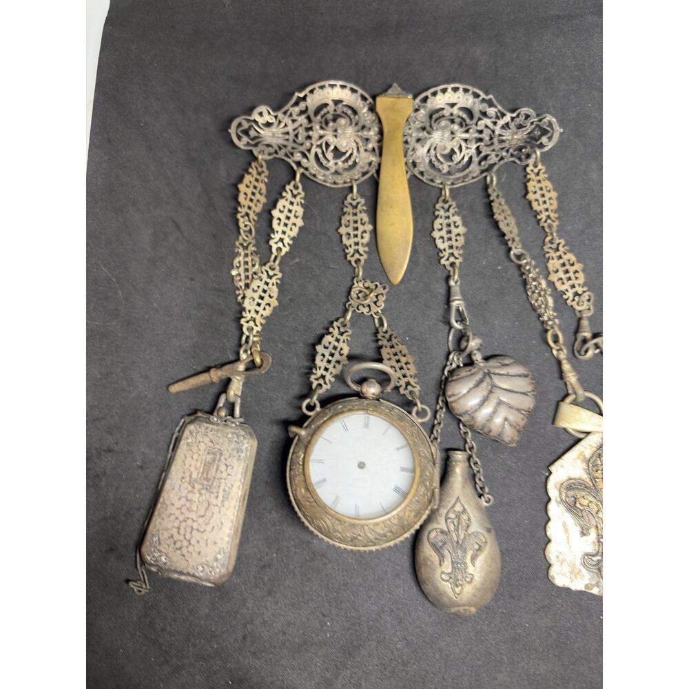 Rare Victorian Chatelaine 19C 7 Piece Scent Bottle Watch Powder Compact Notebook - Picture 12 of 13